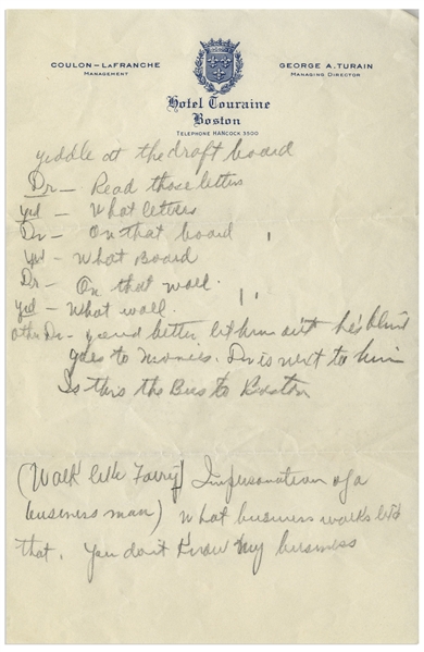 Moe Howard's Handwritten Jokes, With Skit in Doctor's Office -- Single Page on Boston's Hotel Touraine Stationery Measures 6'' x 9.25'' -- Very Good Condition